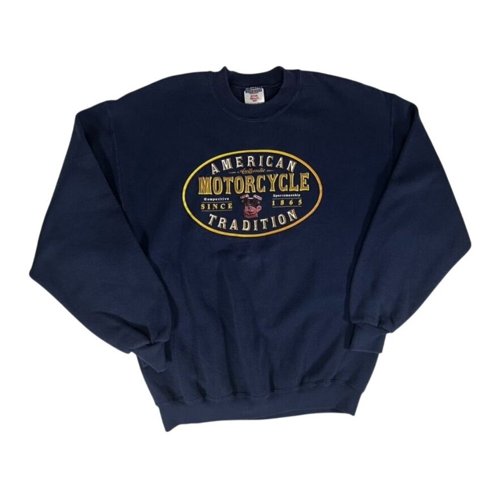 Vintage AMERICAN MOTORCYCLE TRADITION Pullover Sweatshirt Blue Mens Size LARGE